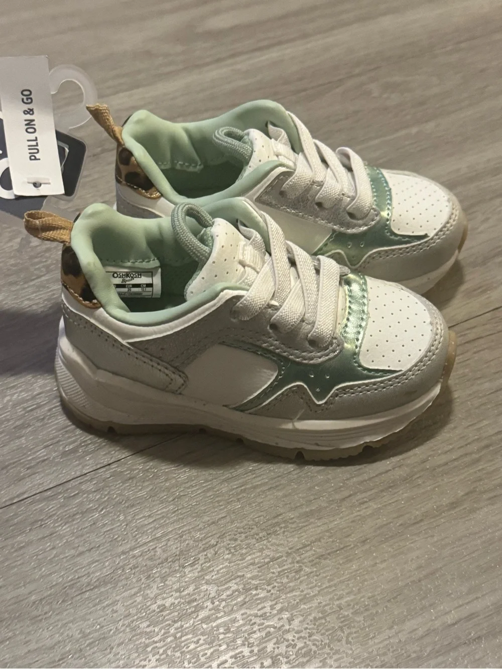 OshKosh B'gosh Mint Green & White and cheetah print Kids Pull-On Sneakers